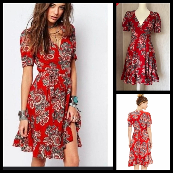 Denim & Supply Ralph Lauren Floral Print Gauze Wrap Dress in Brick - Picture 1 of 2